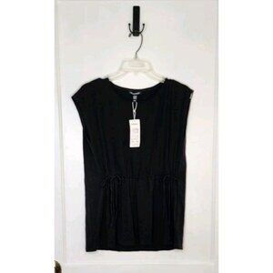 Eileen Fisher Black Jewel Neck Drawstring Waist Top Shirt Black Size XS NEW